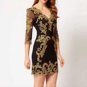 NWT Karen Millen Gold Embroidered Lace Black Dress 4